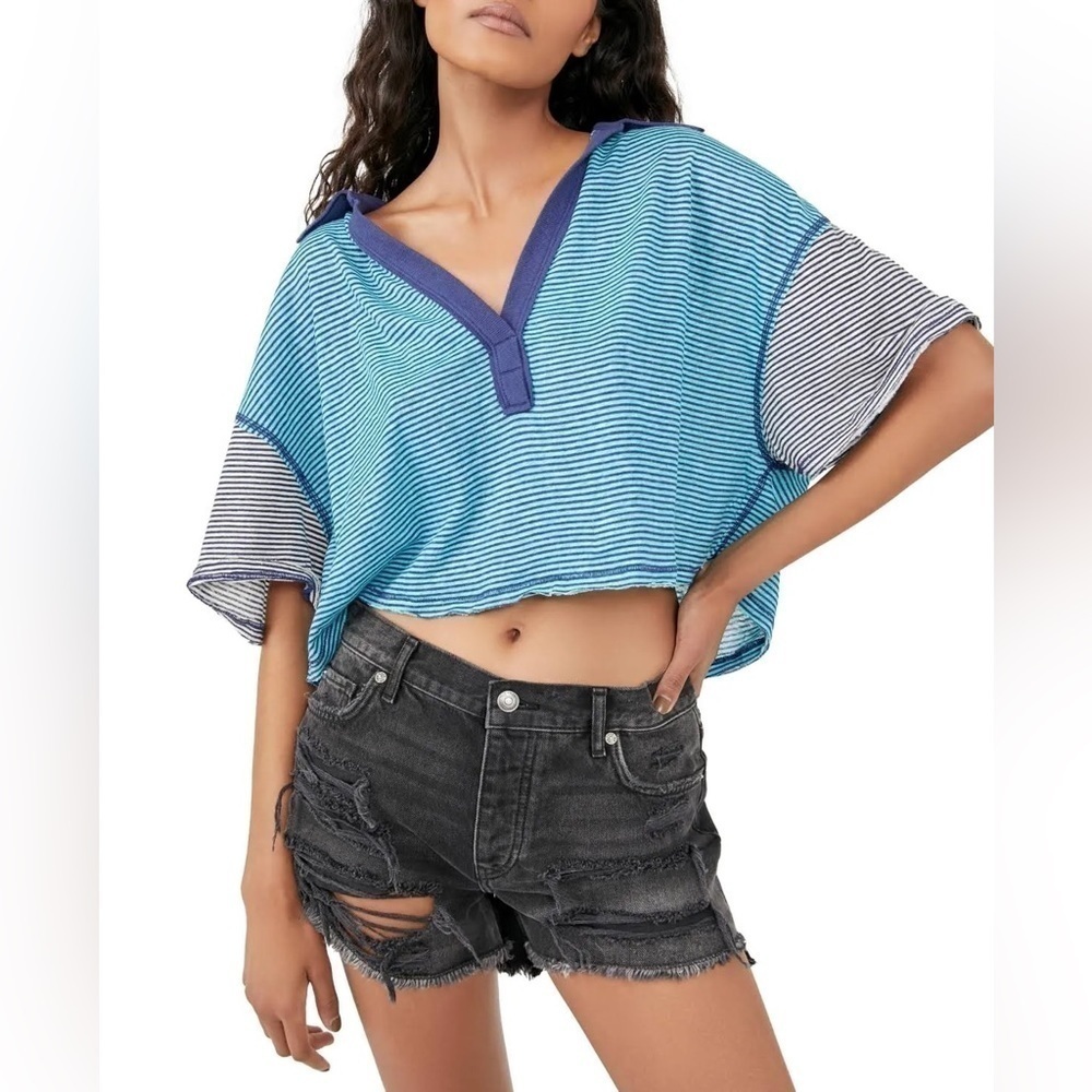 Free People Tops Free People On A Boat Boxy Cropped Polo Shirt Marine si…